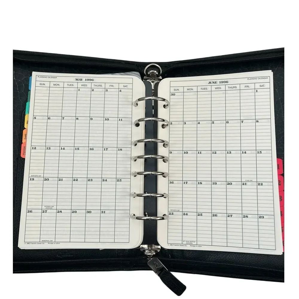 Franklin Quest Leather 7 Ring Binder Planner Organizer Agenda Zip Black Inserts